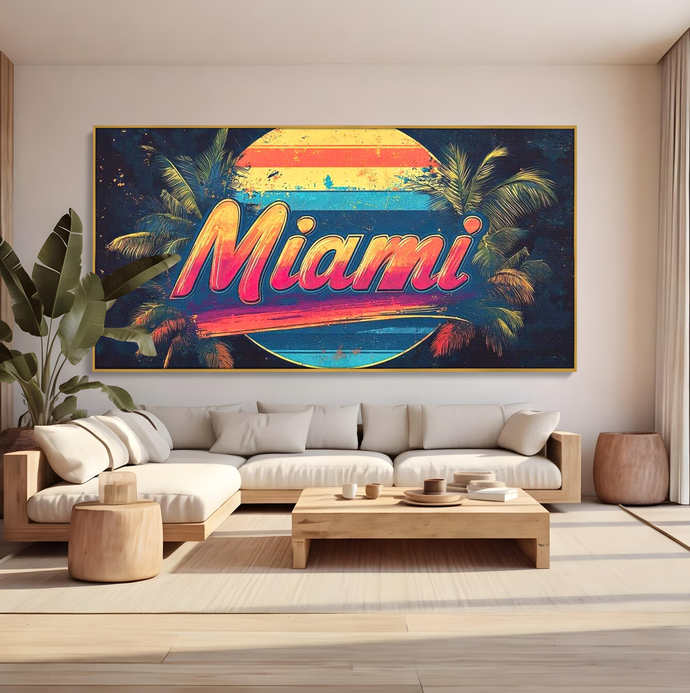 Tablou canvas cu ilustratie retro miami cu soare si palmieri, in rama de aluminiu auriu, pe perete intr-un living